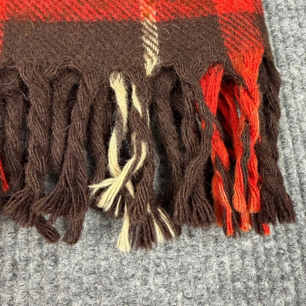 Vtg 60s Seymour Wool Blanket 64x55 All Wool Brown Red Plaid Fringe Made in USA